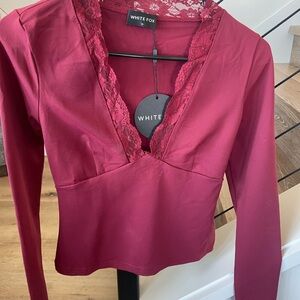 White Fox Boutique Burgundy Lace Trim Top
